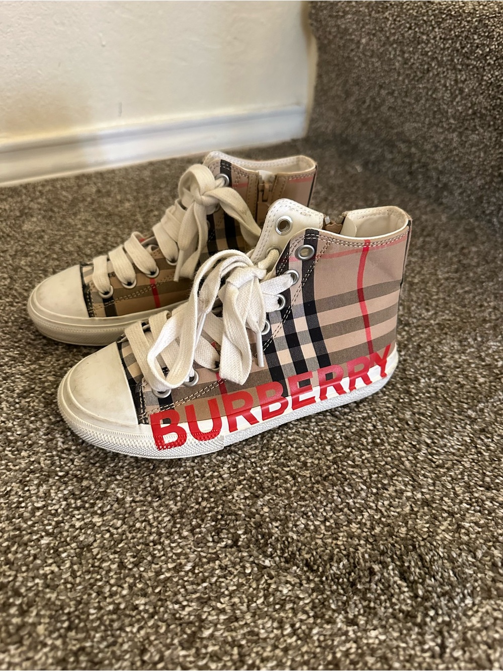 Burberry Beige Check High-Top Sneakers with Red Logo Accent